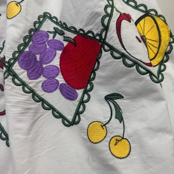Vintage Skirt Medium Fruit Embroidered White Cotton Midi Cherry Tassles *Read - Picture 10 of 11